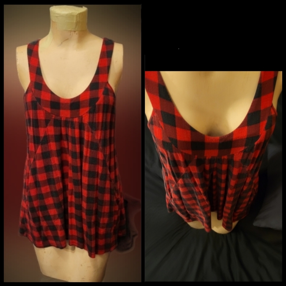 Y2K So Sik red blk Buffalo plaid crochet flowy racer back tank top w pockets XL - Picture 9 of 17